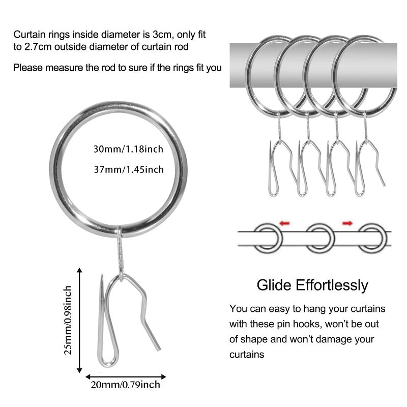 Wision 40 Pcs Metal Curtain Rings Drapery Rings and 40 Pcs Metal Drapery Pins Drapery Hooks for Curtains  30 mm Internal Diameter Curtain Rod Rings Curtain Hanging Rings (Bright Nickel) - Image 3